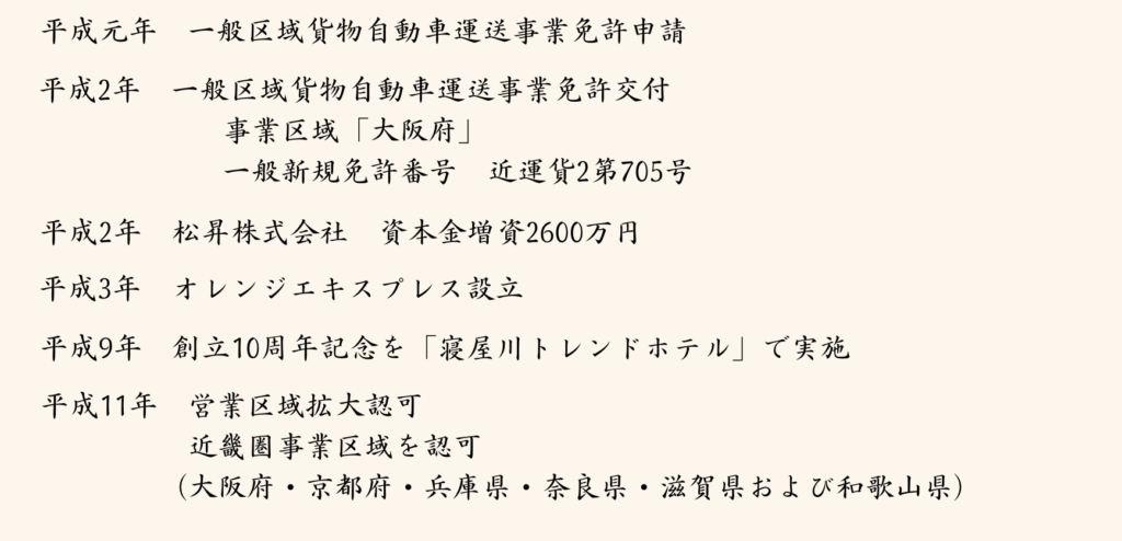 平成元年 一般区域貨物自動車運送事業免許申請
平成2年 一般区域貨物自動車運送事業免許交付
事業区域「大阪府」
一般新規免許番号 近運貨2第705号
平成2年 松昇株式会社 資本金増資2600万円 
平成3年 オレンジエキスプレス設立
平成9年創立10周年記念「寝屋川トレンドホテル」で実施
平成11年 営業区域拡大認可
近畿圈事業区域認可