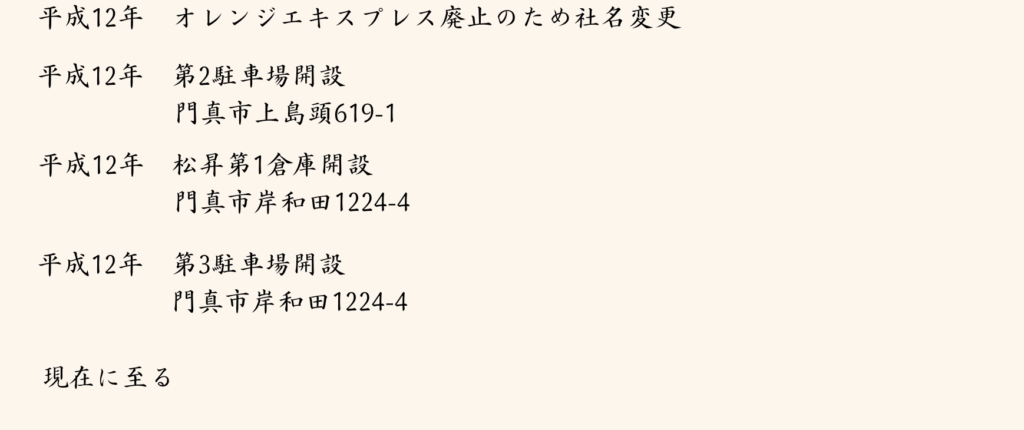 平成12年 オレンジエキスプレス廃止のため社名変更
平成12年 第2駐車場開設
門真市上島頭619-1
平成12年 松昇第1倉庫開設
門真市岸和田1224-4
平成12年 第3駐車場開設
門真市岸和田1224-4
現在に至る