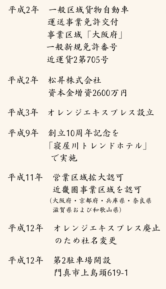 平成元年 一般区域貨物自動車運送事業免許申請
平成2年 一般区域貨物自動車運送事業免許交付
事業区域「大阪府」
一般新規免許番号 近運貨2第705号
平成2年 松昇株式会社 資本金増資2600万円 
平成3年 オレンジエキスプレス設立
平成9年創立10周年記念「寝屋川トレンドホテル」で実施
平成11年 営業区域拡大認可
近畿圈事業区域認可